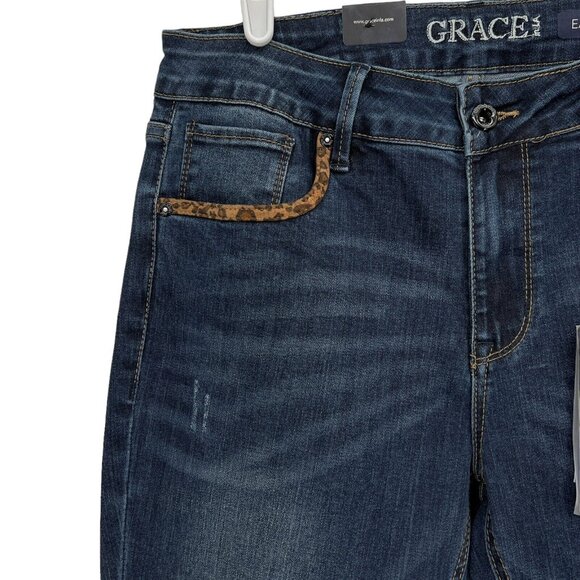 NWT Grace in LA Women Dark Wash Leopard Print Detail Flare Stretch Jeans Size 29 - Picture 5 of 12